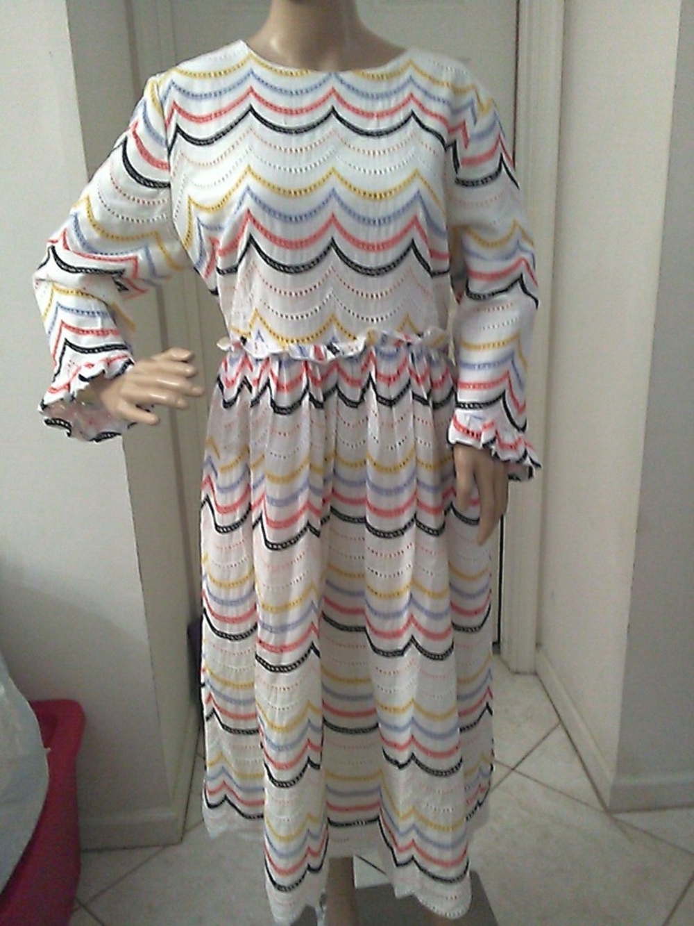 NWOT DAINTY JEWELLS White Multi-Color Chevron Eyelet Midi Dress SZ. XL LINED